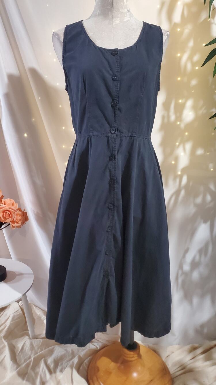 Vtg Georges Marciano for Guess Button Fit & Flare Midi Dress Sz L Blue Pockets